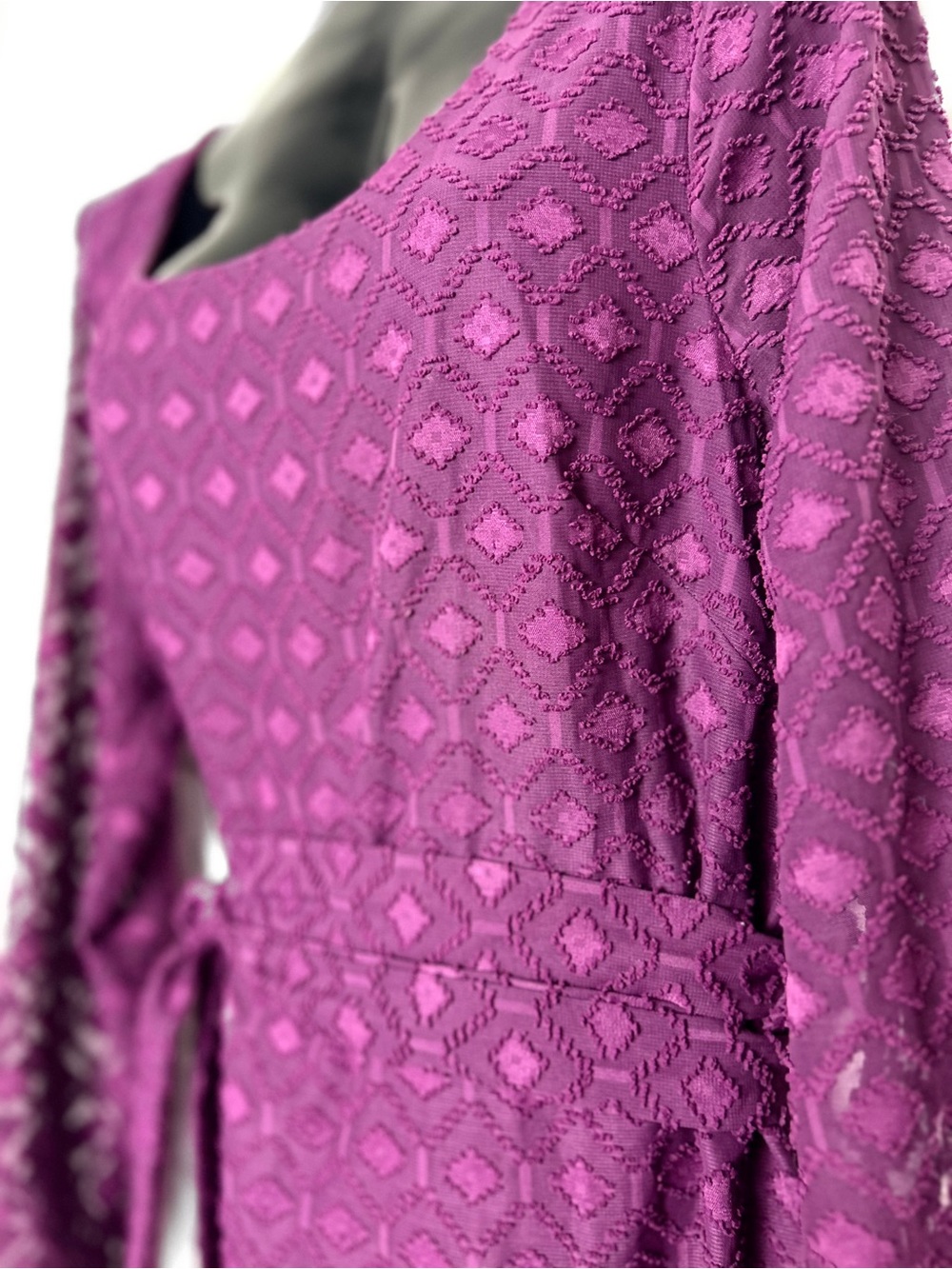 Francesca's Collections Magenta Lace Belted Long-Sleeve Dress